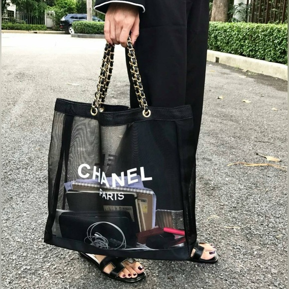 CHANEL Handbags - NEW Chanel Mesh Tote Bag & Cosmetic Mesh Pouch Black & Gold